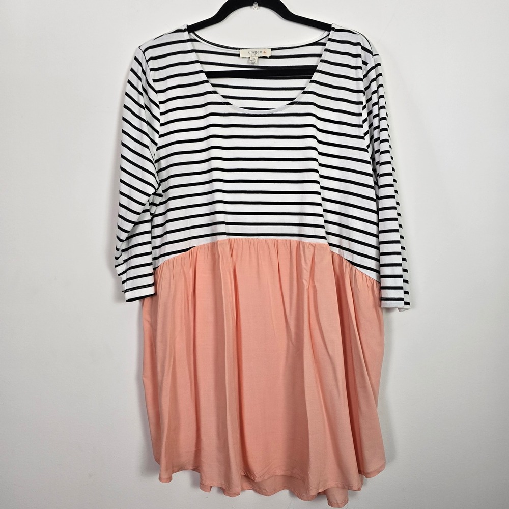 Umgee Tunic Top Women 1XL Black White Peach Striped Pocket Mixed Media Preppy